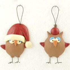 158-51611 Ornament-S/2 OWLS W/RED HAT/BULB