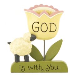 1511-10119 'GOD IS WITH YOU' SHEEP/FLOWER ON BASE