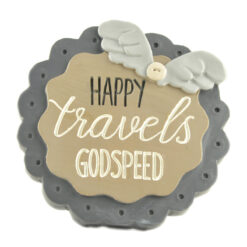 1711-11679 "travels"  badge w/ wing & black easel