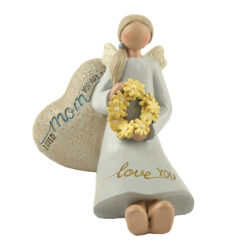 173-11215 sitting angel w/ garland of flowers & "mom" heart rock