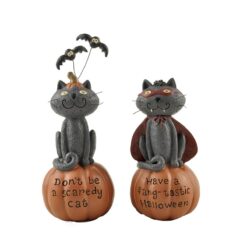 146-88636 S/2 'SCAREDY CAT/FANG-TASTIC' CATS ON PUMPKINS