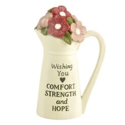 201-12703 "COMFORT, STRENGTH, AND HOPE" ENAMEL PITCHER WITH FLOWERS