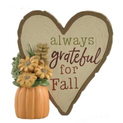 206-12914 Wood textured heart plaque w/pumpking & flowers-grateful