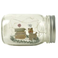 208-12899 Reindeer & sign base in  500mls glass jar w LED fairy light