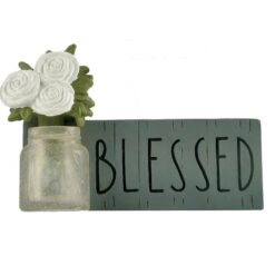 2166-13268 "BLESSED" BLOCK WITH JAR OF FLOWERS