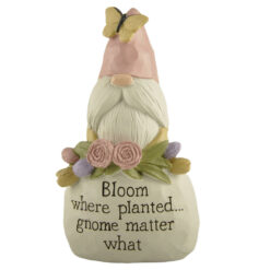 231-13681 GARDEN GNOME WITH PINK HAT SITTING ON STONE