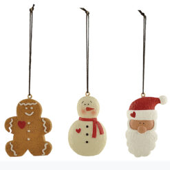 238-52093 S/3 GINGERBREAD, SNOWMAN & SANTA CHRISTMAS ORNAMENTS