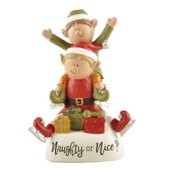 238-13906 NAUGHTY OR NICE STAKCED ELVES WITH CHRISTMAS PRESENTS