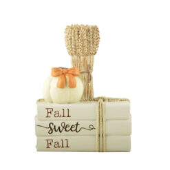 246-13985 WHEAT BUNDLE W/WHITE PUMPKIN ON STACKED BOOKS
