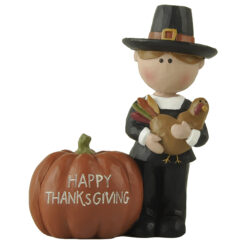 256-14518 Boy/Pilgrim holding turkey w pumpkin
