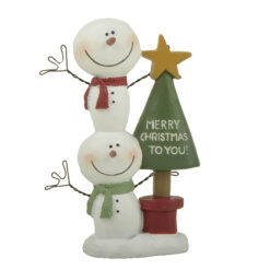 258-14369 2 stacked snowmen beside X'mas tree pot